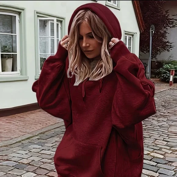 Oversized Burgundy Hoodie Dark Red Sweatshirt Dress - Picture 1 of 4